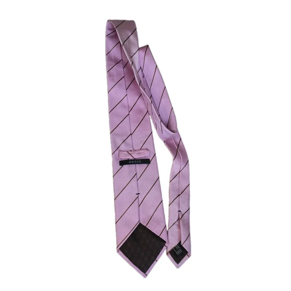 Gucci Mens 100% Silk Tie Made In Italy Pink Brown Stripe 3.75x58 Authentic 🇮🇹